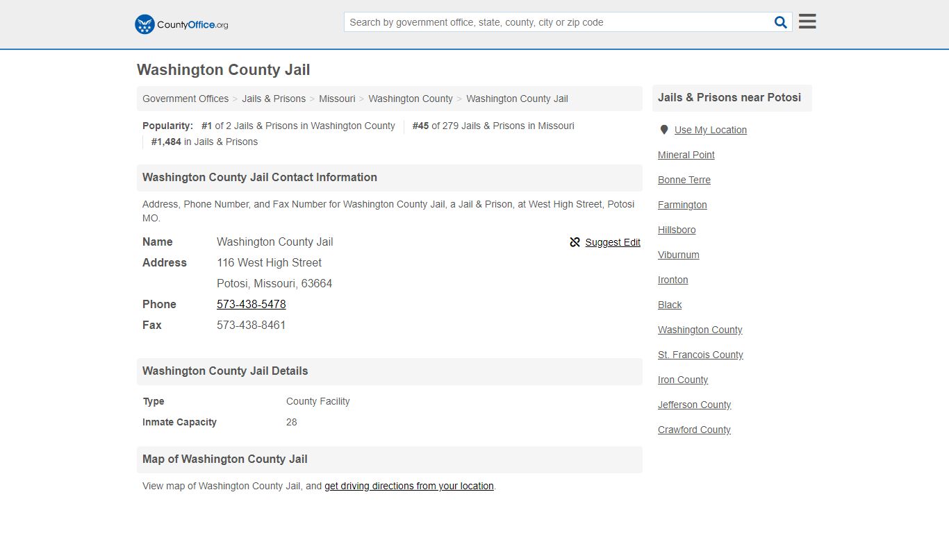 Washington County Jail - Potosi, MO (Address, Phone, and Fax)