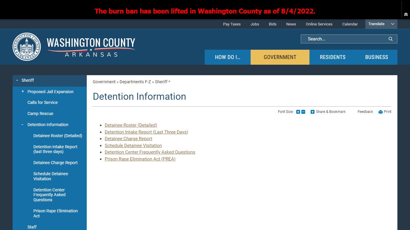 Detention Information | Washington County, AR